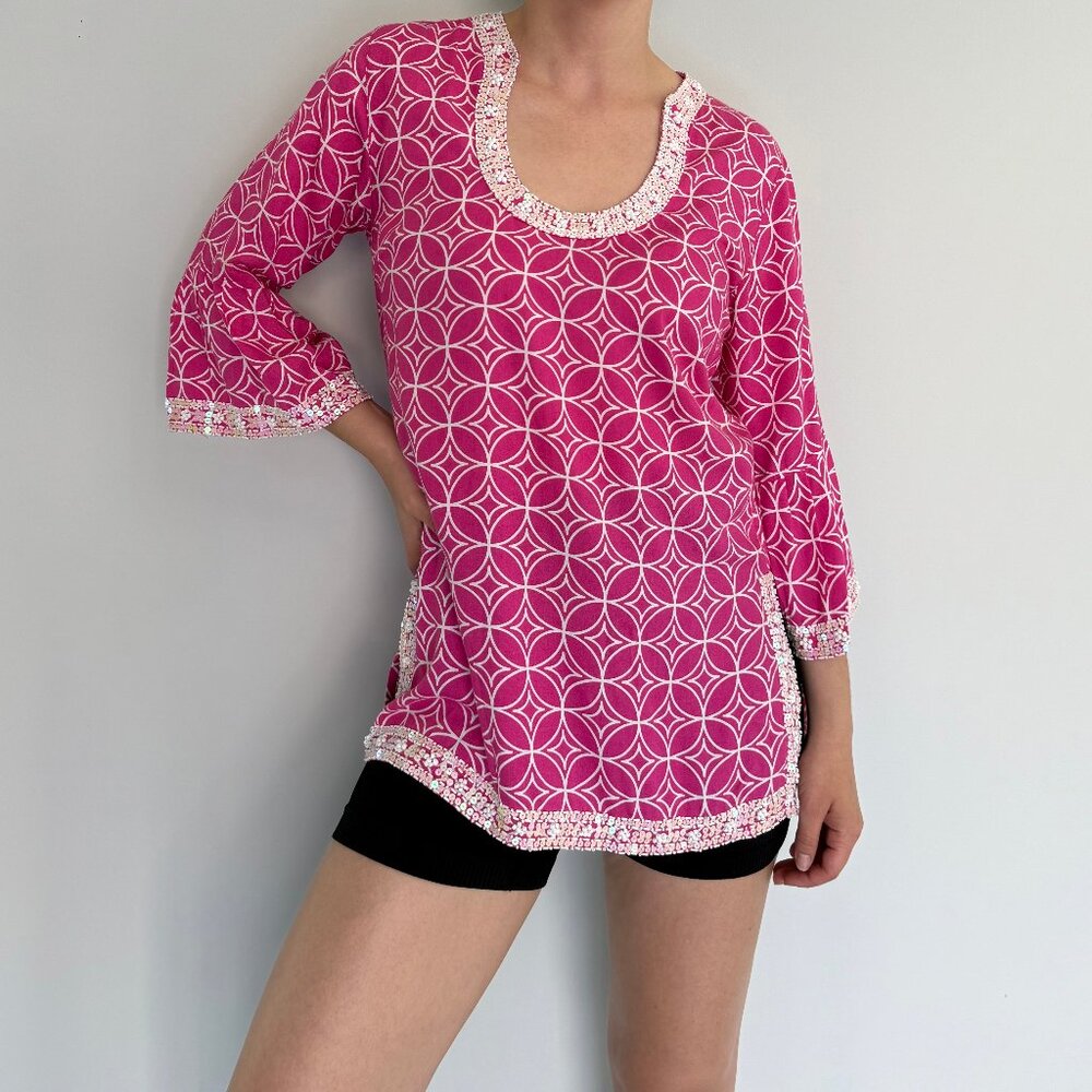 Escapada Pink Beaded Resort Tunic Rayon Size S